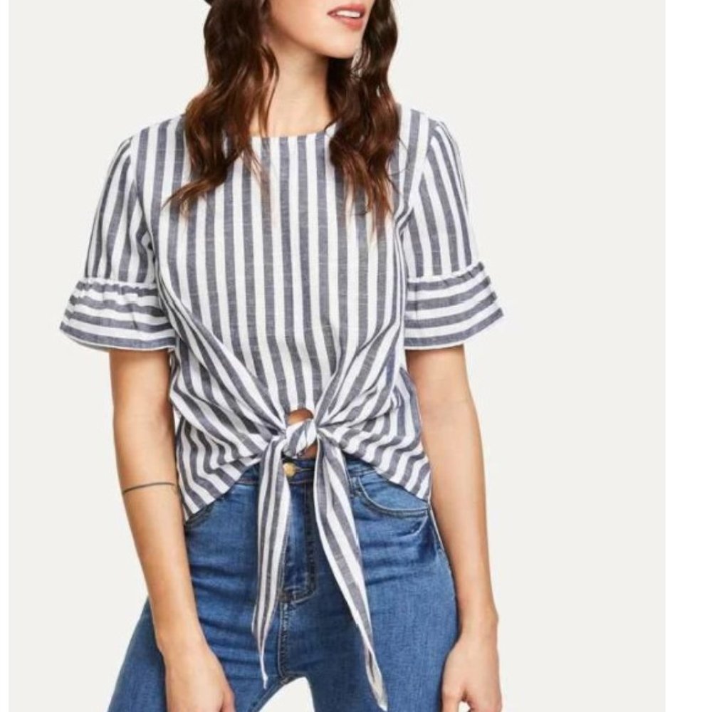 Knot Front Keyhole Back Flounce Sleeve Striped Top